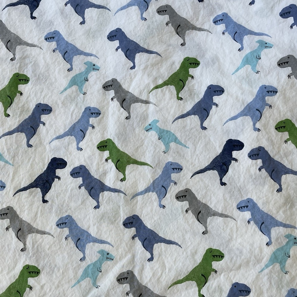 Pottery Barn Kids Warren Dinosaur TWIN FLAT Sheet Organic Cotton White Blue - Picture 3 of 6